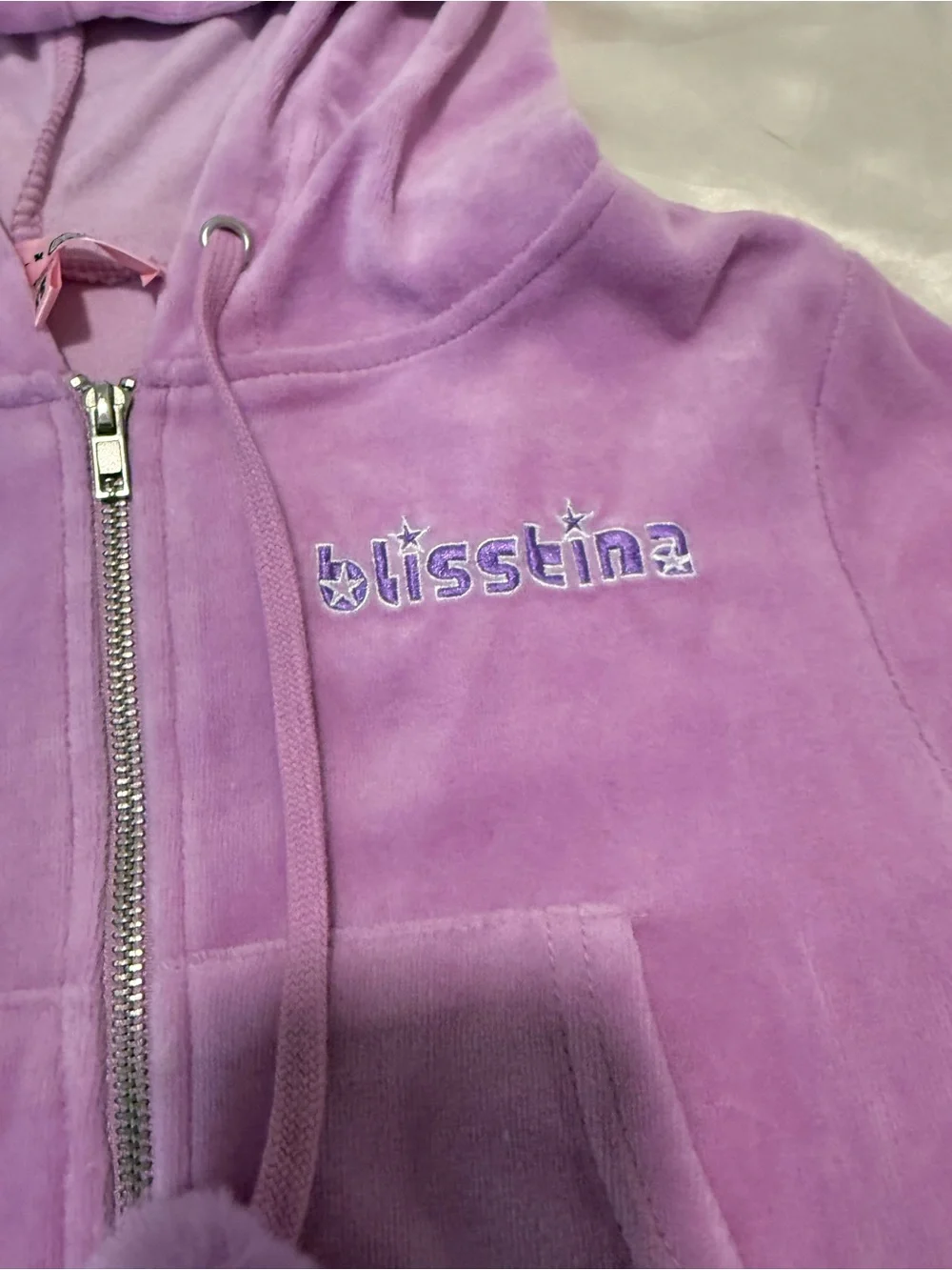 Dolls Kill Lavender Velour Zip Hoodie with Pom Pom Drawstrings